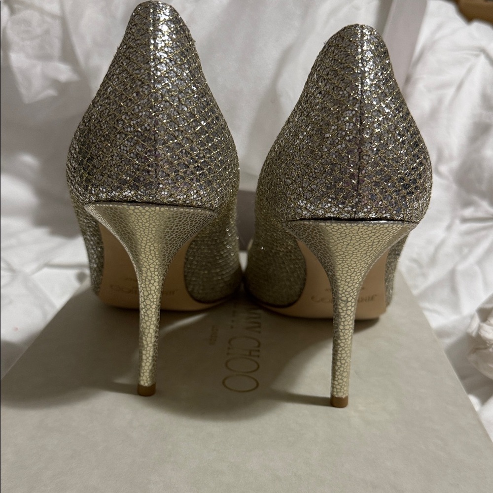 Jimmy Choo Gold Glitter Peep-Toe Heels - Picture 3 of 6